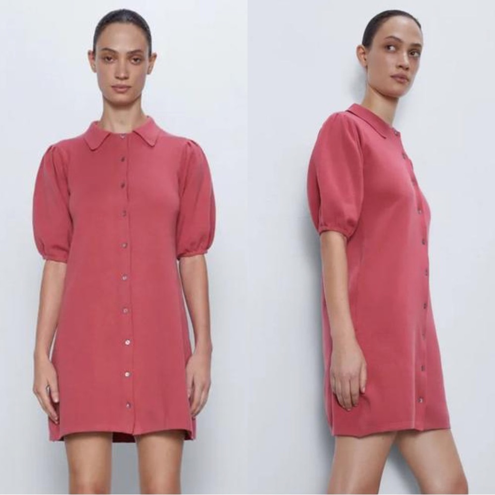 ZARA Rose Pink Puff Sleeve Button Front Mini Dress Small Retro Mod Feminine
